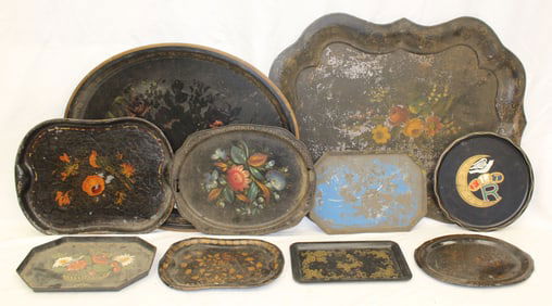 Lot of 10 antique toleware trays - 11"x7" - 24"x19"