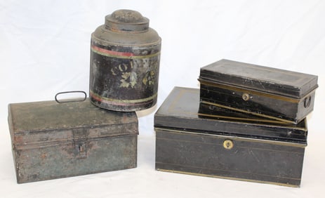 Lot of 3 antique toleware boxes plus a toleware tea cannister - 3"x9"x4" - 8" tall cannister