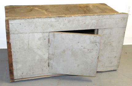 Antique 1 door wall cupboard in gray/blue paint - 20" tall x 35 1/2" x 17 1/2"