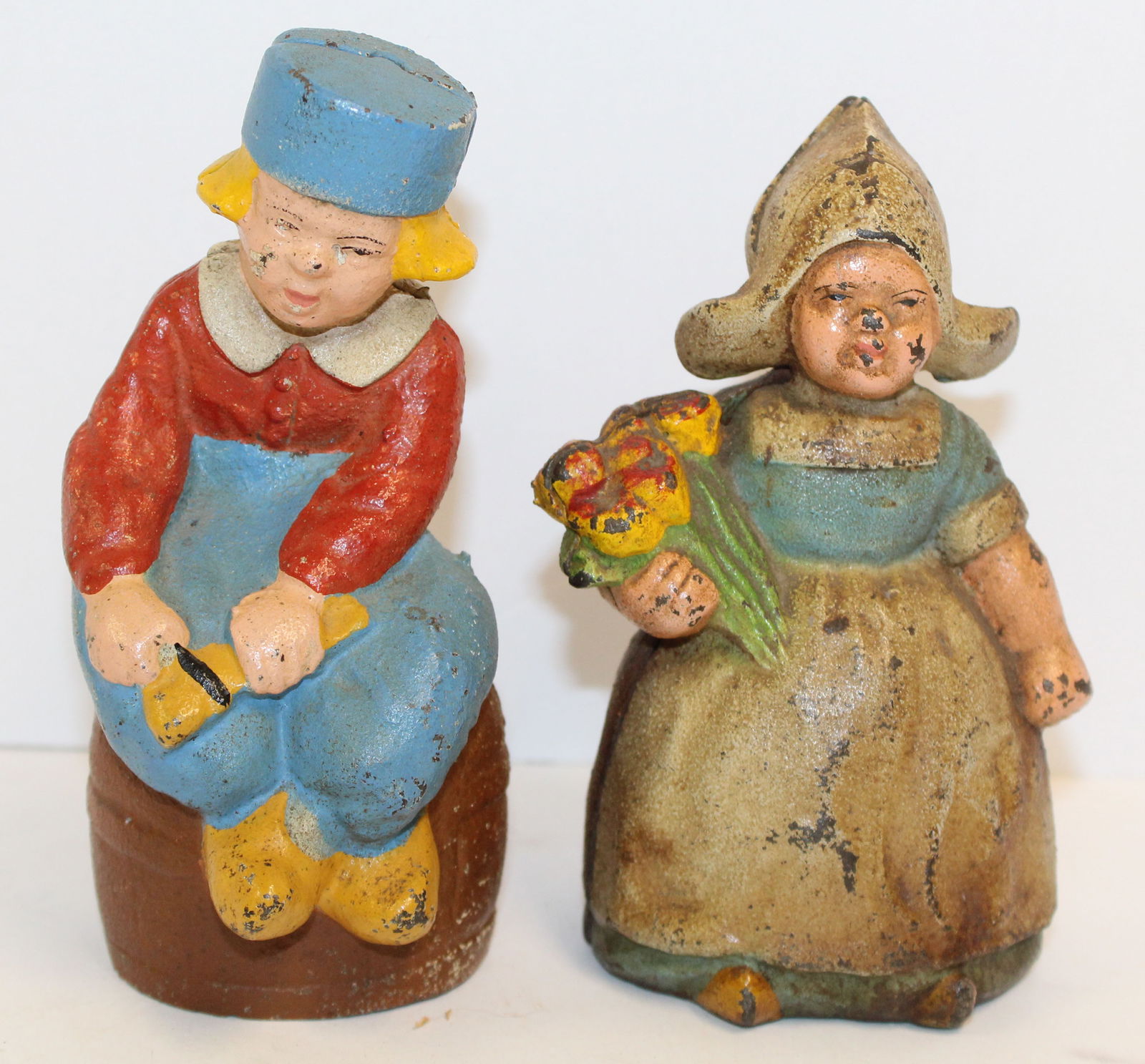 Antique cast iron painted Dutch Boy & Girl still banks - 4 1/2" & 4" tall (1 of 5)