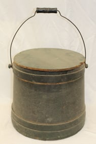 Antique covered firkin in dark green paint - 14" tall x 14" diam