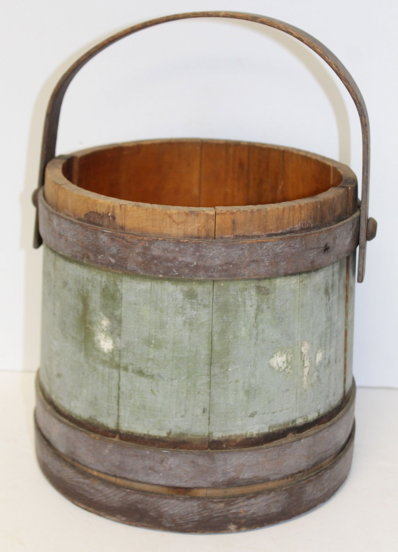 Antique iron banded firkin in blue paint - 9 1/2" tall x 8" diam: Antique iron banded firkin in blue paint - 9 1/2" tall x 8" diam