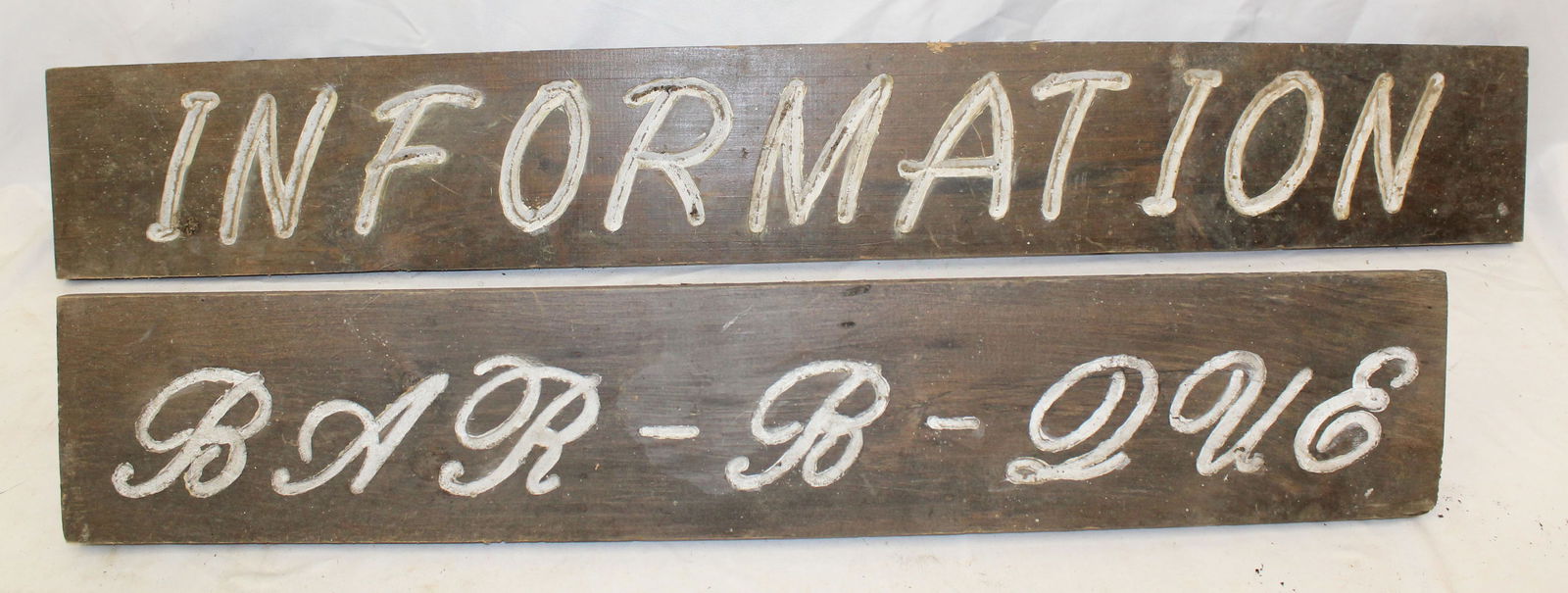 Lot of 2 vintage carved wooden signs - "Barb-B-Que" & "Information" - with stands on back side so (1 of 6)