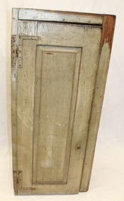 Diminutive narrow 1 door cupboard in green paint w shelved interior - 43" x 20"x14" deep
