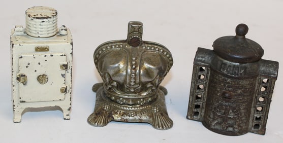 Lot of 3 antique cast iron still banks - crown, refrigerator & safe - 3 1/2", 4" & 3 3/4" tall