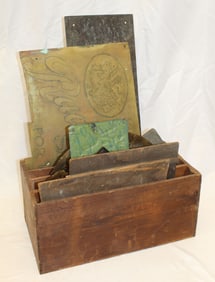 Antique divided box filled with signs, brass & copper stencils, etc box is 8 1/2" tall x 9 1/2"x8