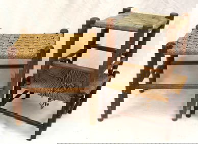 Lot of 3 wooden footstools w rush & tape tops - smallest 11" tall x 10"x10" & largest 14" tall x