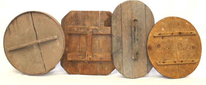 Lot of antique wooden barrel/bucket lids - smallest 19" diam & largest 23"x14" & 19"x20"