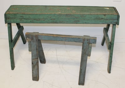 Lot of 2 wooden painted sawhorses/benches in green & blue - 16" tall x 21" wide & 20" tall x 35"