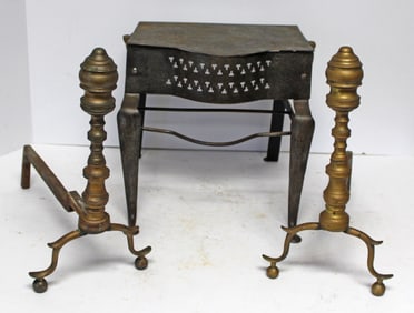 Antique brass fireplace lot incl footman & pair of finial top andirons - 14" tall x 14" deep