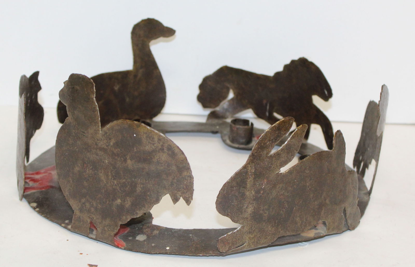 Sheet iron candle chandelier w animal silhouette motif - 12 1/2" diam: Sheet iron candle chandelier w animal silhouette motif - 12 1/2" diam