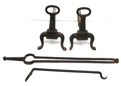 Pair of antique cast iron ring top andirons plus to fireplace tools - 11" tall x 11" deep