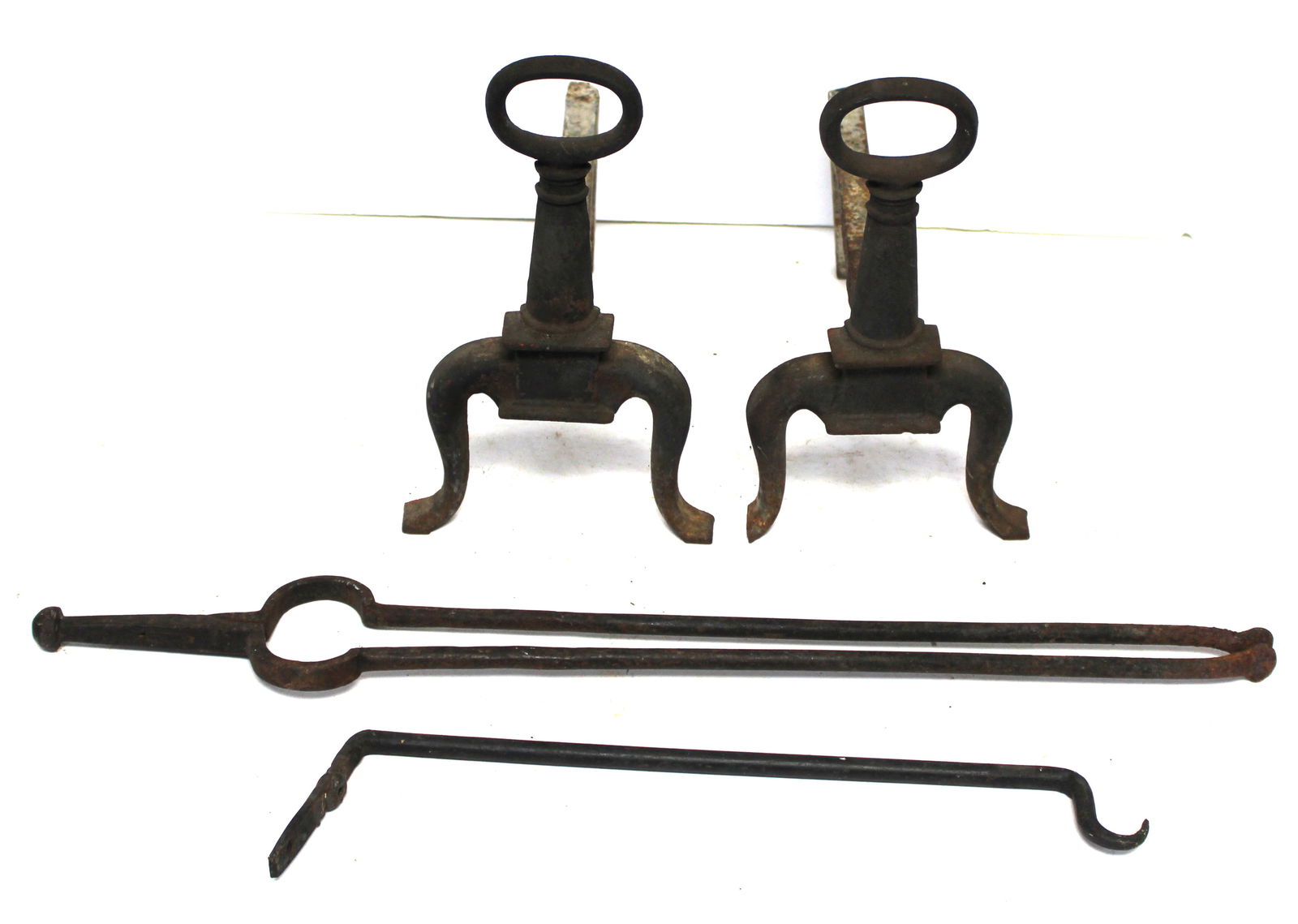 Pair of antique cast iron ring top andirons plus to fireplace tools - 11" tall x 11" deep: Pair of antique cast iron ring top andirons plus to fireplace tools - 11" tall x 11" deep