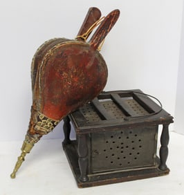Antique punched tin & wood foot warmer plus an antique bellows