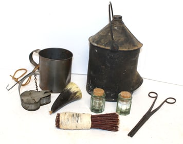 Misc antique lot incl betty lamp, horn, kerosene can, etc