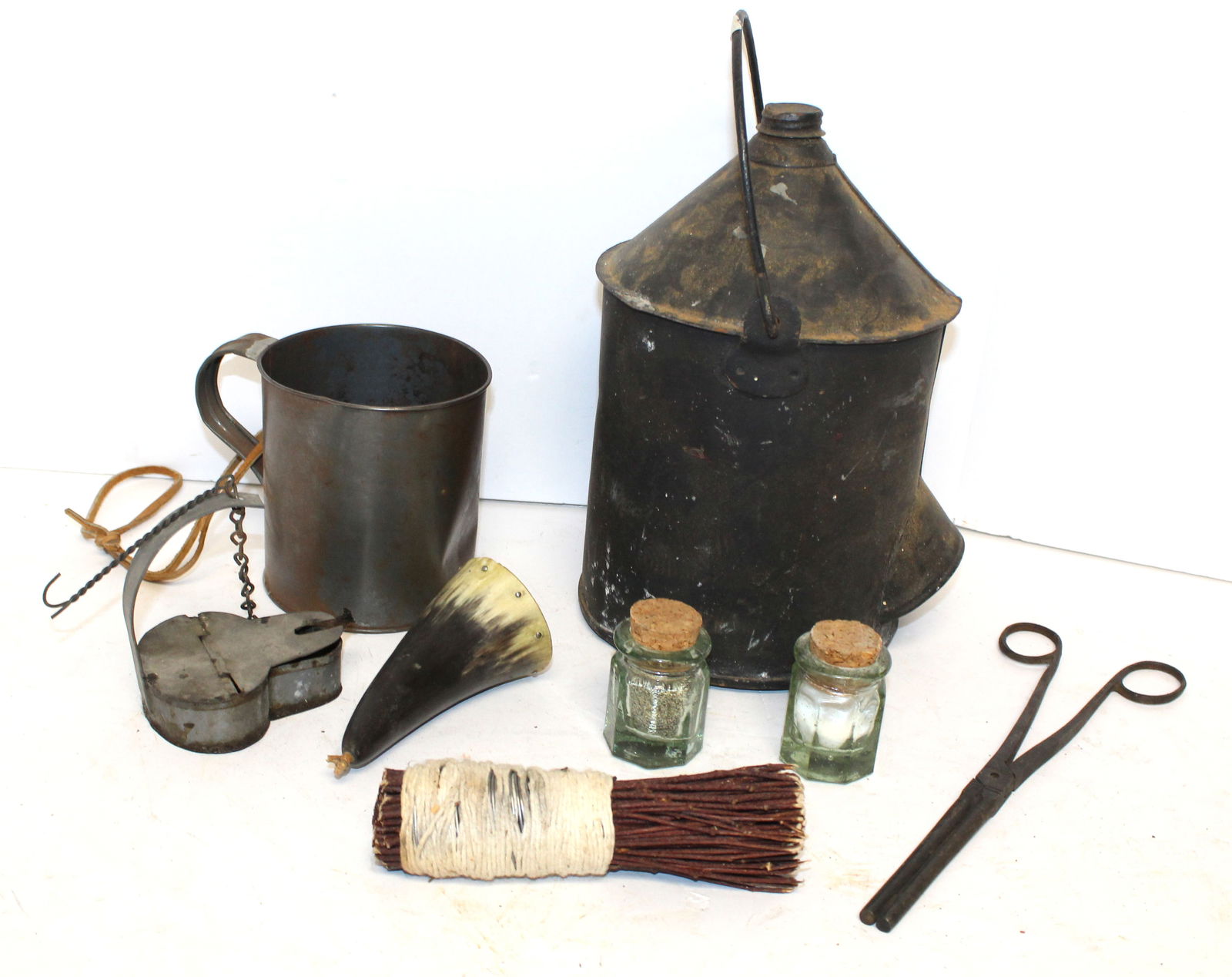 Misc antique lot incl betty lamp, horn, kerosene can, etc (1 of 6)