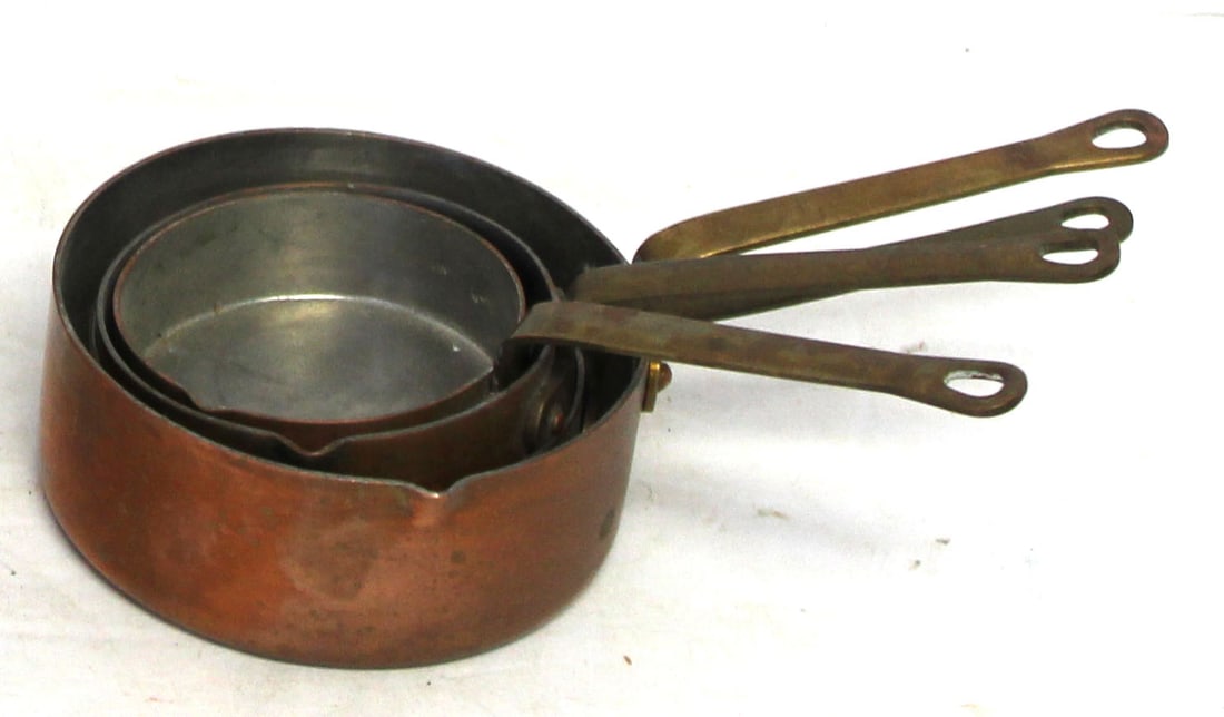 Nest of 4 antique French tin lined copper sauce pans w pour spouts & brass handles - smalles 2 1/2" (1 of 4)