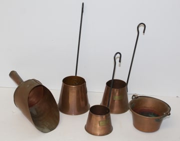 Lot of vintage/antique copper kitchen items incl spirit warmers, scoop, small pot, etc