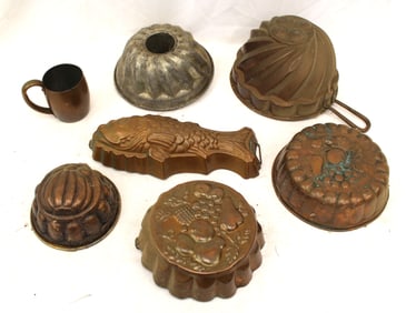 Lot of 5 copper food molds plus a copper cup & tin mold