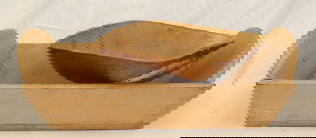 Antique treen lot incl dough box plus a trencher w make-do repair - 4 1/2" tall x 20" long x 12 1/2"