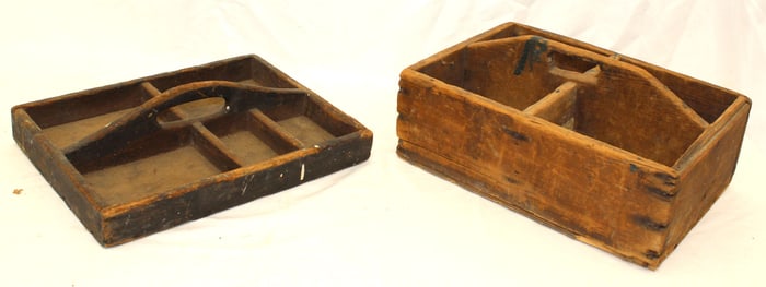 Lot of 2 antique wooden divided carriers - 3" tall x 14"x11" & 7" tall x 14"x10"