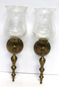 Pair of antique brass wall candle sconces w etched glass globes - overall height 18" tall