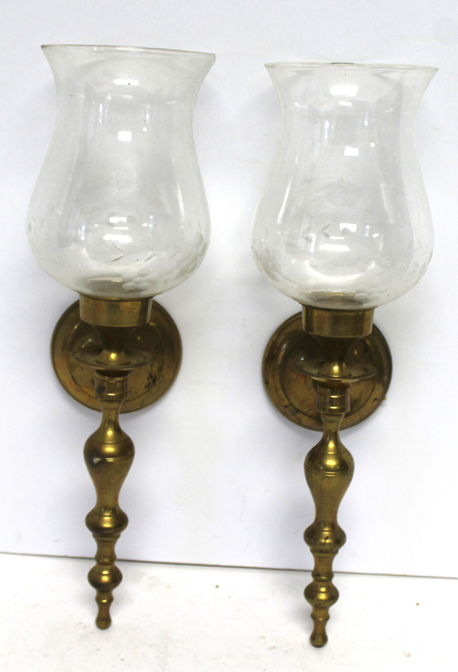 Pair of antique brass wall candle sconces w etched glass globes - overall height 18" tall (1 of 5)