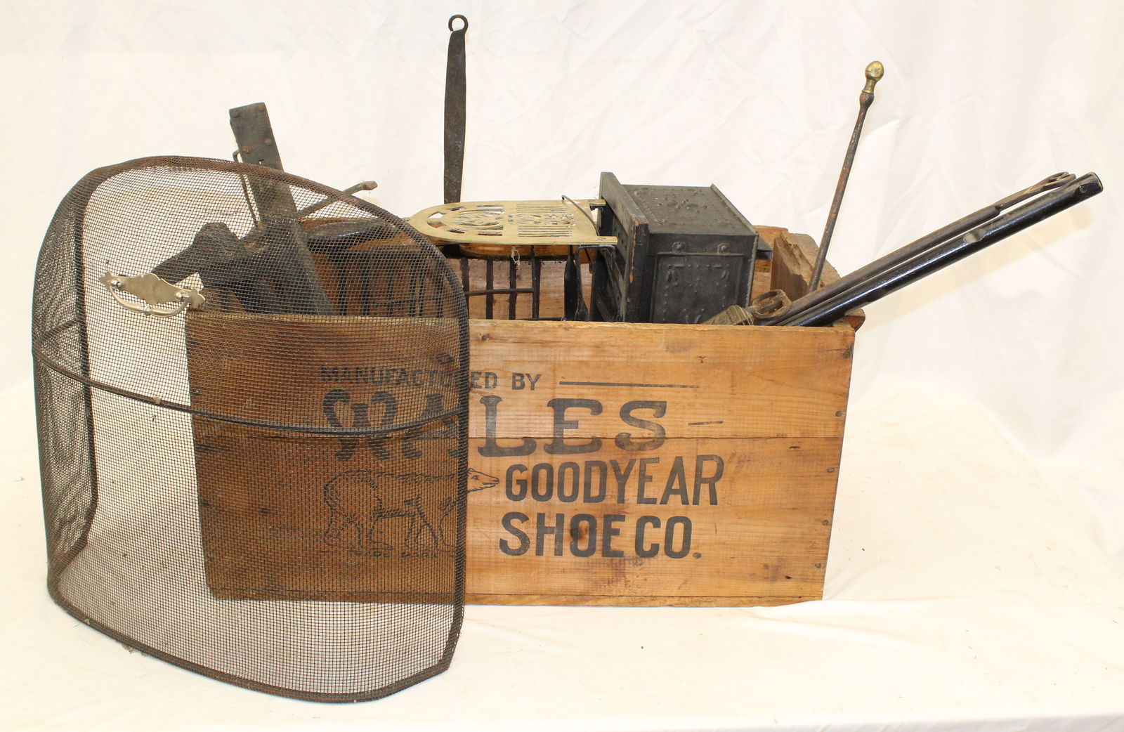 Large lot of fireplace related items incl screen, andirons, foot warmers, tools, broom, etc: Large lot of fireplace related items incl screen, andirons, foot warmers, tools, broom, etc