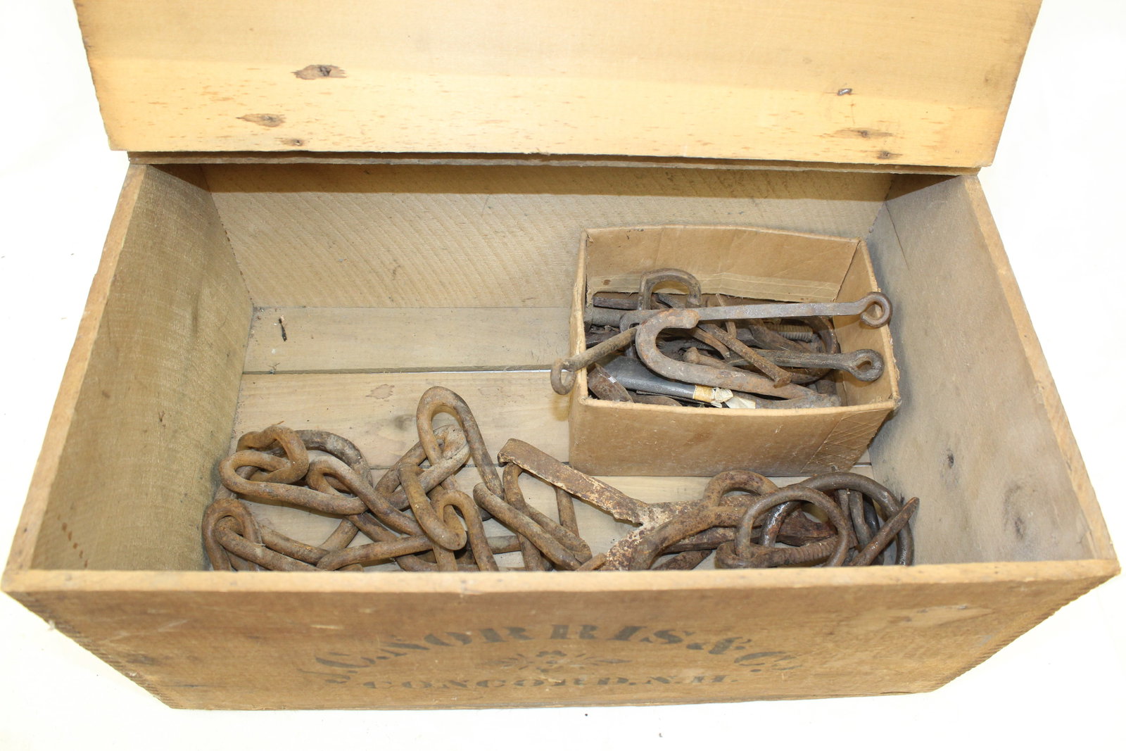 Crate filled with antique iron hooks & chain: Crate filled with antique iron hooks & chain