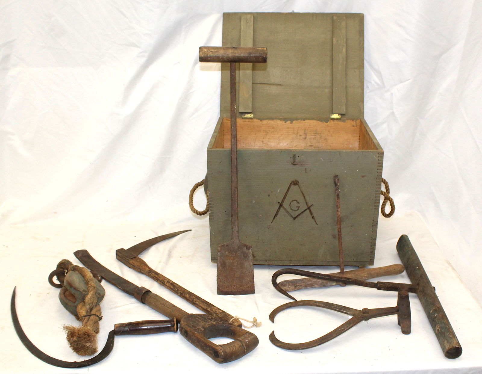 Antique wooden box in green w Mason symbol paint dec  w misc antique tools/ implements (1 of 9)