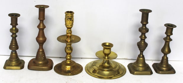 Lot of 6 vintage/antique brass candlesticks - 3 1/2" - 8 1/2"