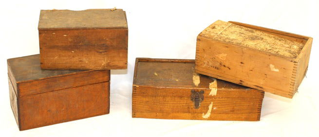Lot of 4 vintage/antique wooden lift top & slide top boxes - 4 1/2"x8"x4 1/2" - 3 3/4"x12 1/2"x6"