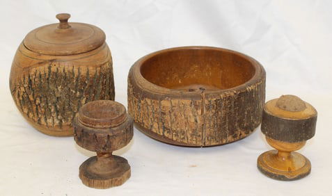 Lot of 4 vintage/antique tree bark items incl covered box, compote, etc