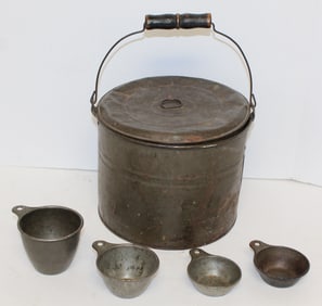 Antique tin berry bucket w 4 tin measuring cups