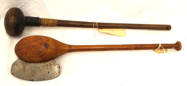 Lot of 2 wooden handled African items incl Keitie throwing stick & Silepe Basuto Ax - 22" & 21"