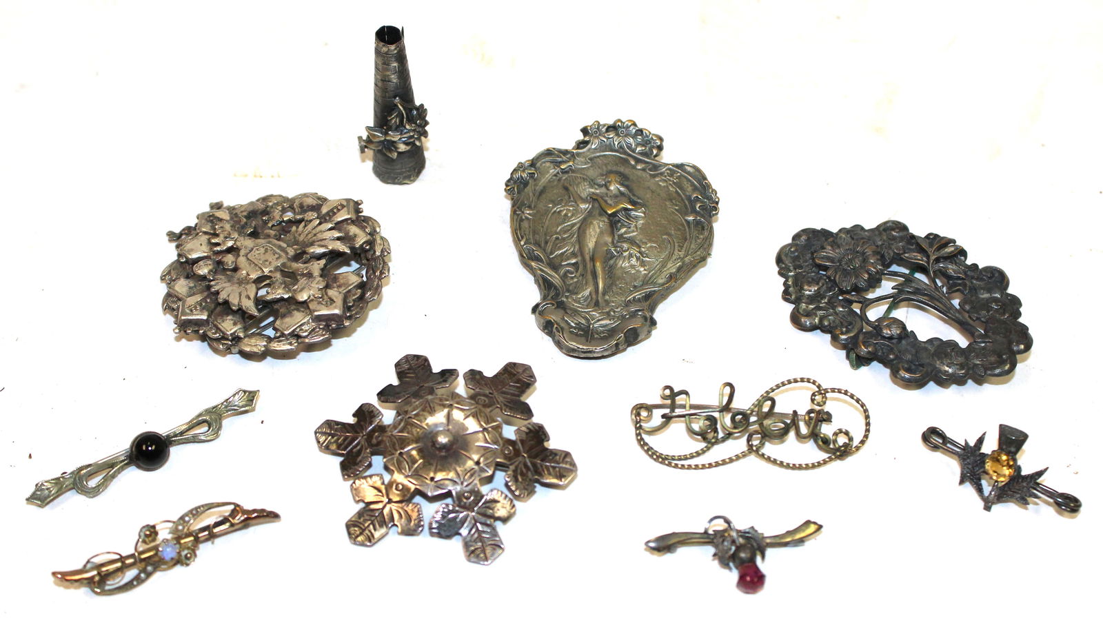 Lot of Victorian era pins incl silver, silver plate etc incl some w gem stones (1 of 9)