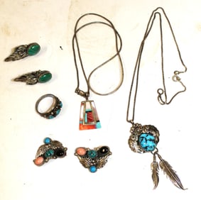Lot of silver & turquoise jewelry incl necklaces, earrings & ring