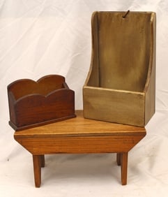 Lot of 3 antique style wooden items incl footstool, & 2 wall boxes - 1 marked River Bend Ltd West Ch