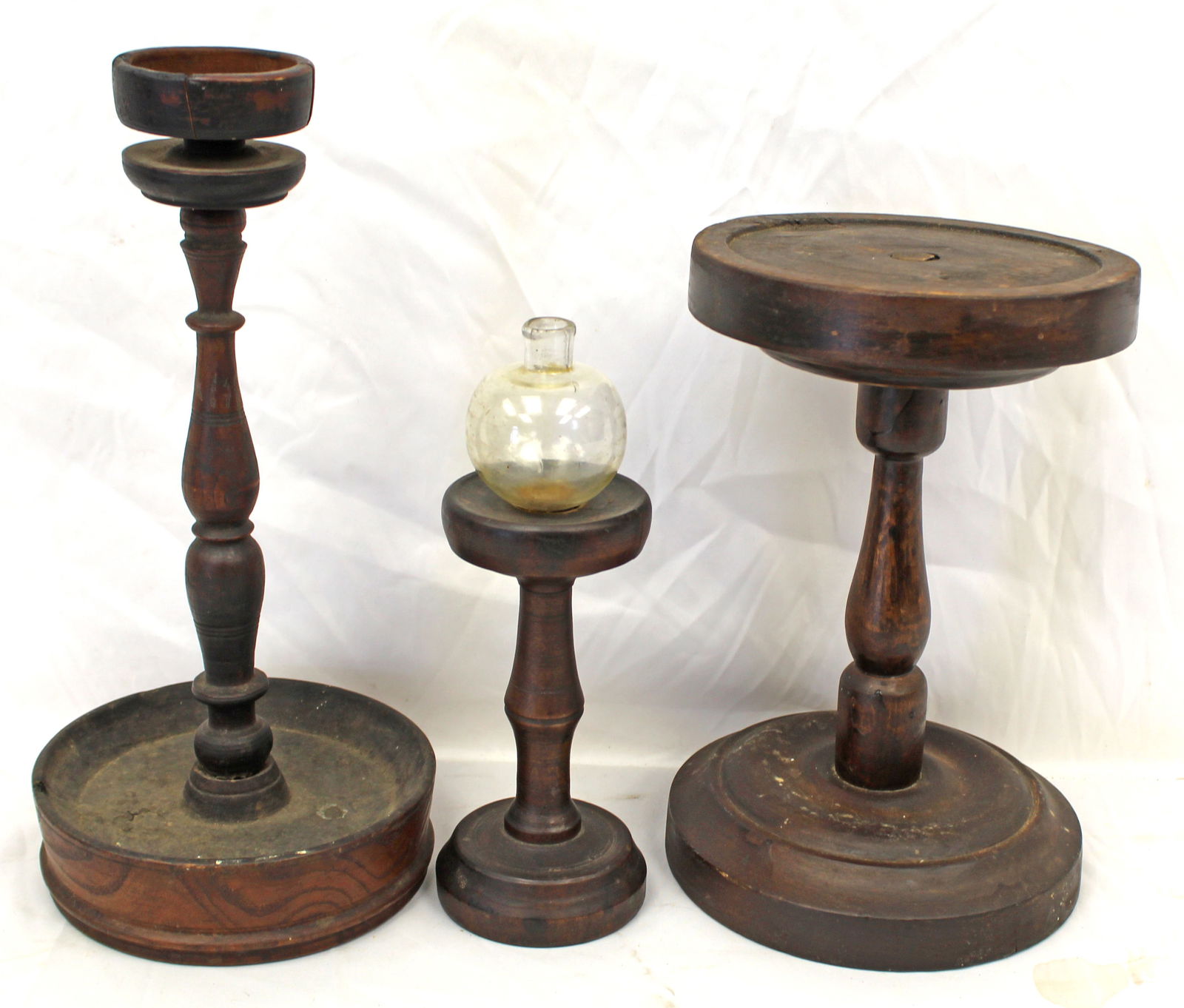 Lot of 3 antique wooden lighting tidy's - 1 w glass globe on top - 10 1/2", 12" tall x 7 1/2" diam &: Lot of 3 antique wooden lighting tidy's - 1 w glass globe on top - 10 1/2", 12" tall x 7 1/2" diam & 14 1/2" tall x 3" diam top & 7" diam bottom