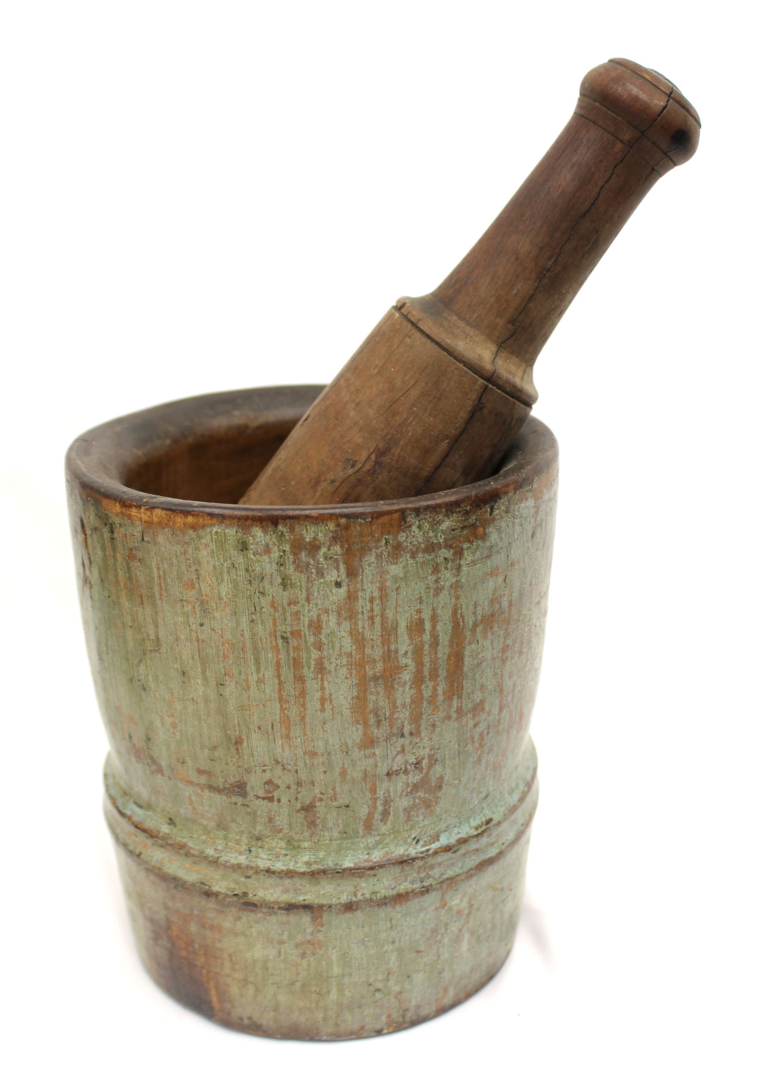 Antique wooden mortar & pestle - mortar in blue paint - 7" tall x 6" diam & 9 1/2" pestle: Antique wooden mortar & pestle - mortar in blue paint - 7" tall x 6" diam & 9 1/2" pestle