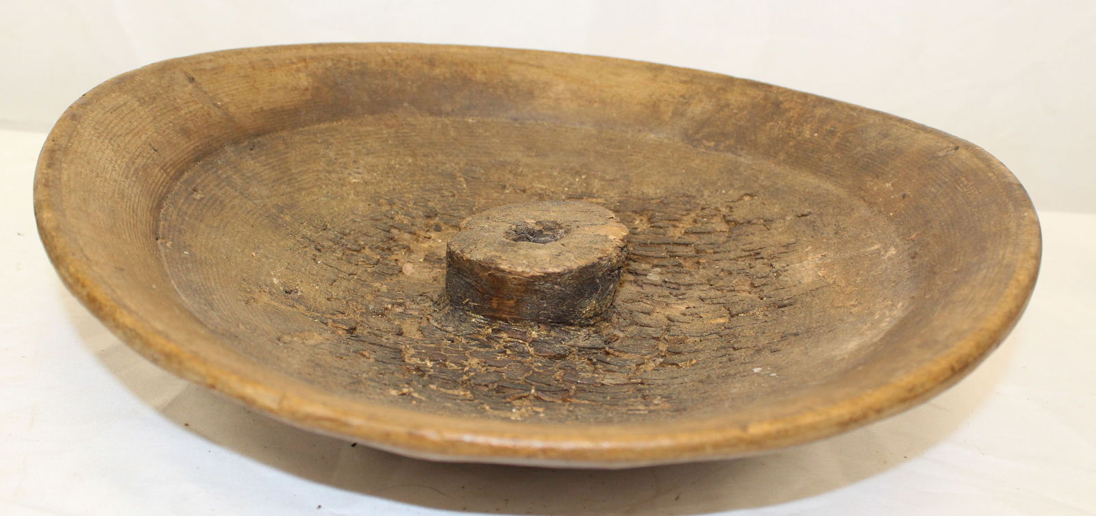 Antique treen bowl/ possibly a lighting tidy or a nutcracker - has a hanger on the back - 12 1/2": Antique treen bowl/ possibly a lighting tidy or a nutcracker - has a hanger on the back - 12 1/2" diam out of round