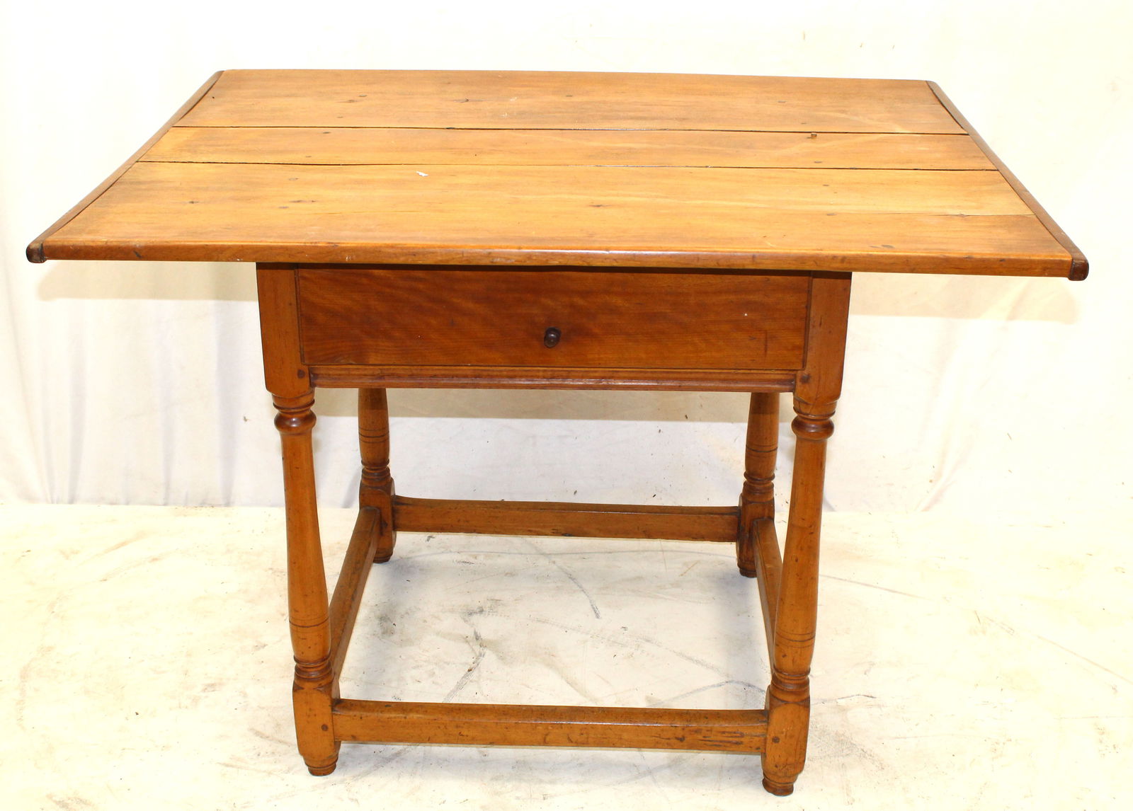 18thC American cherry 1 drawer tavern table on stretcher base - 28 1/2" tall x 39 1/2"x29 1/2" top (1 of 5)