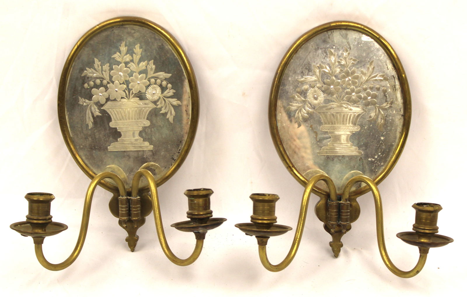 pr of antique brass etched mirrored wall sconces w fixed double candle holders - had been (1 of 5)