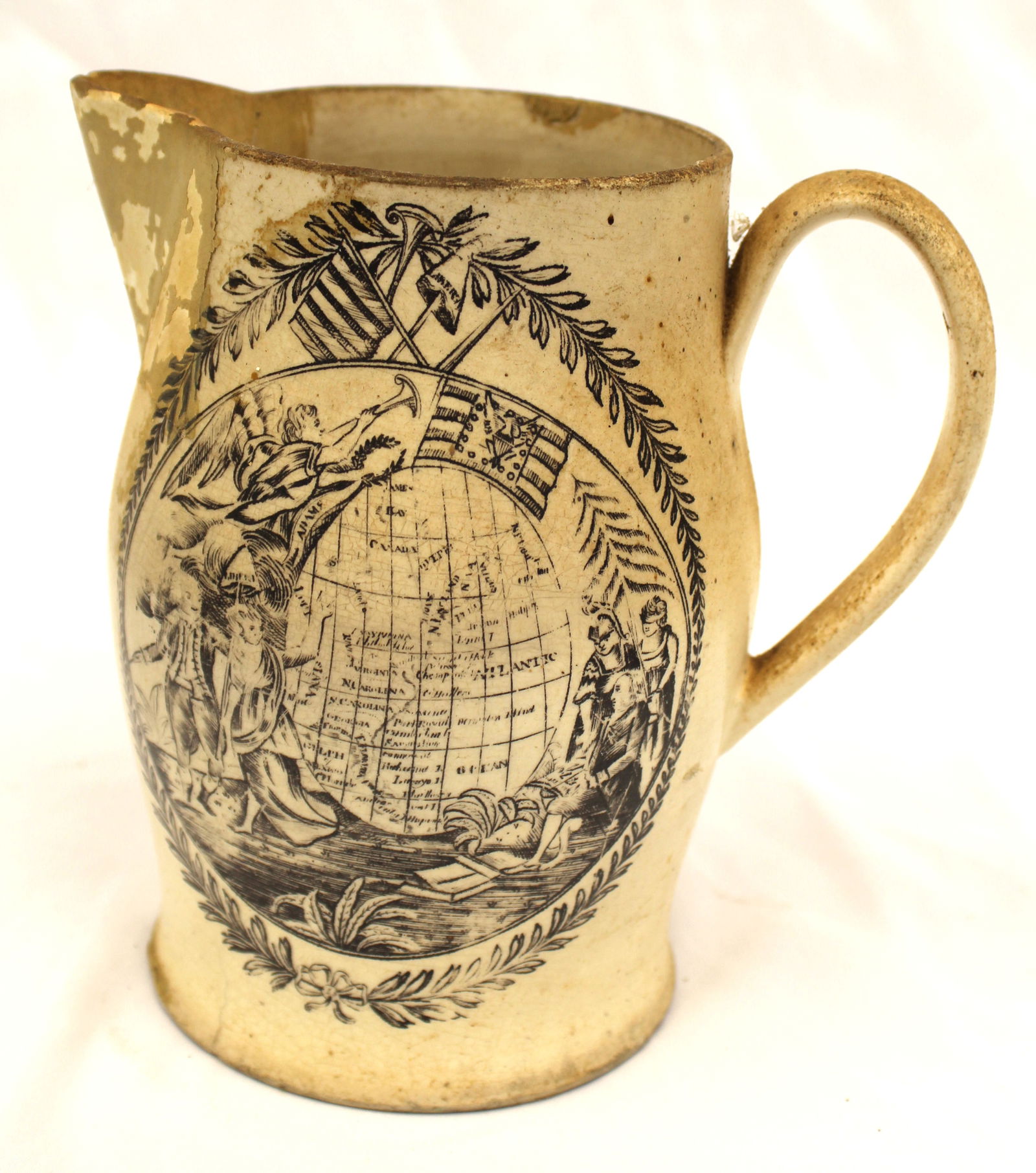 Antique Liverpool pitcher w eagle on one side & map of US on the other side - as found - 7 1/2" tall: Antique Liverpool pitcher w eagle on one side & map of US on the other side - as found - 7 1/2" tall
