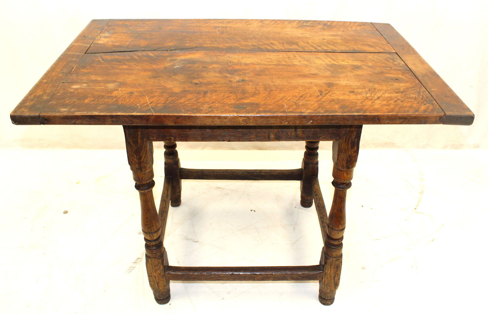 18thC tavern table on stretcher base - 26" tall x 36 1/2" x 24 1/2" top (1 of 12)