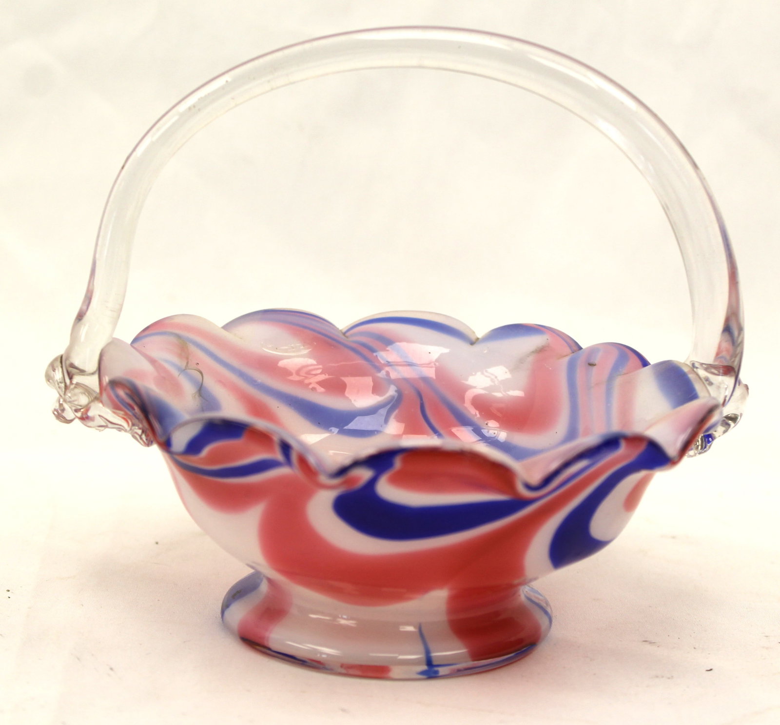Early pink, blue & white swirled glass basket w applied clear glass handle - 5 1/4" tall x 5 1/2": Early pink, blue & white swirled glass basket w applied clear glass handle - 5 1/4" tall x 5 1/2" diam