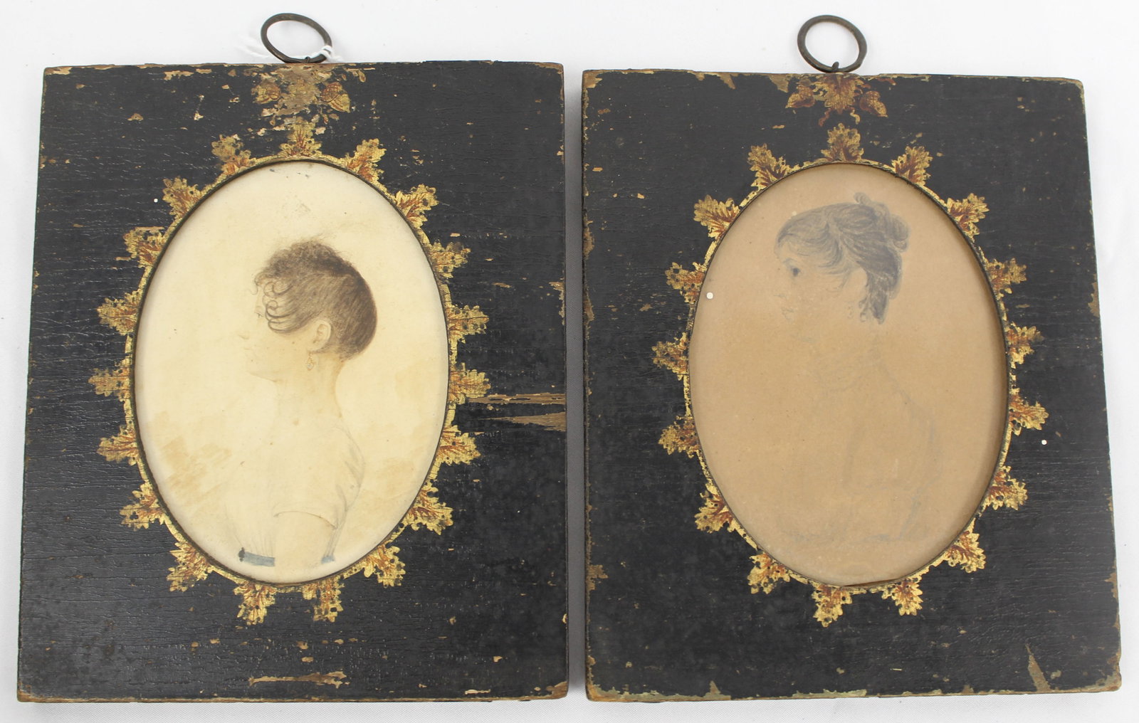 Lot of 2 antique watercolor portraits pf woman in near matching frames - overall framed size 6 1/4": Lot of 2 antique watercolor portraits pf woman in near matching frames - overall framed size 6 1/4" x 5" & 6"x5"