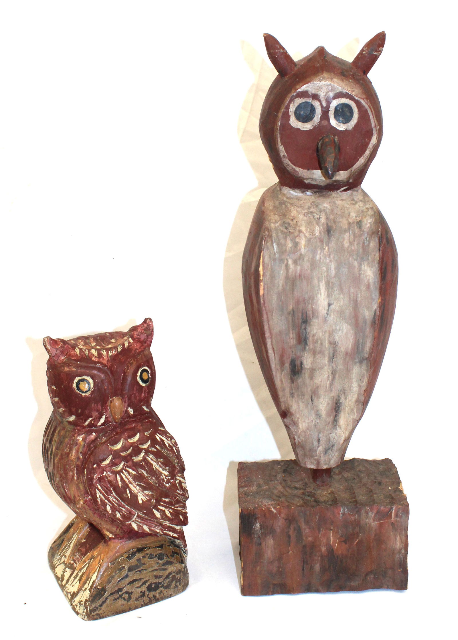 Lot of 2 Folk Art carved wooden & painted owls - 19" & 9 1/2" tall (1 of 9)
