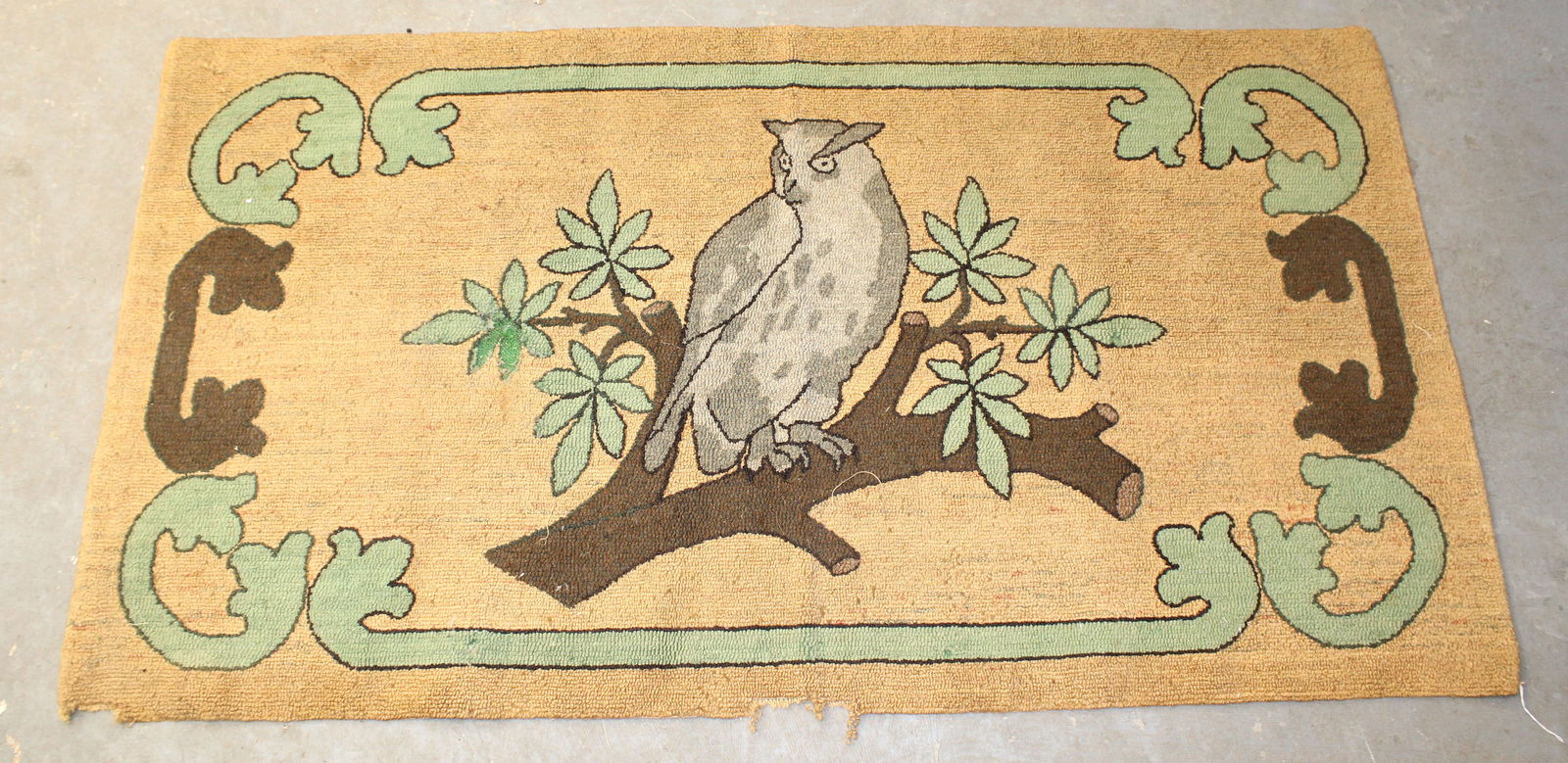 Antique hooked rug w owl on a branch motif - as found - 32 1/2"x60": Antique hooked rug w owl on a branch motif - as found - 32 1/2"x60"