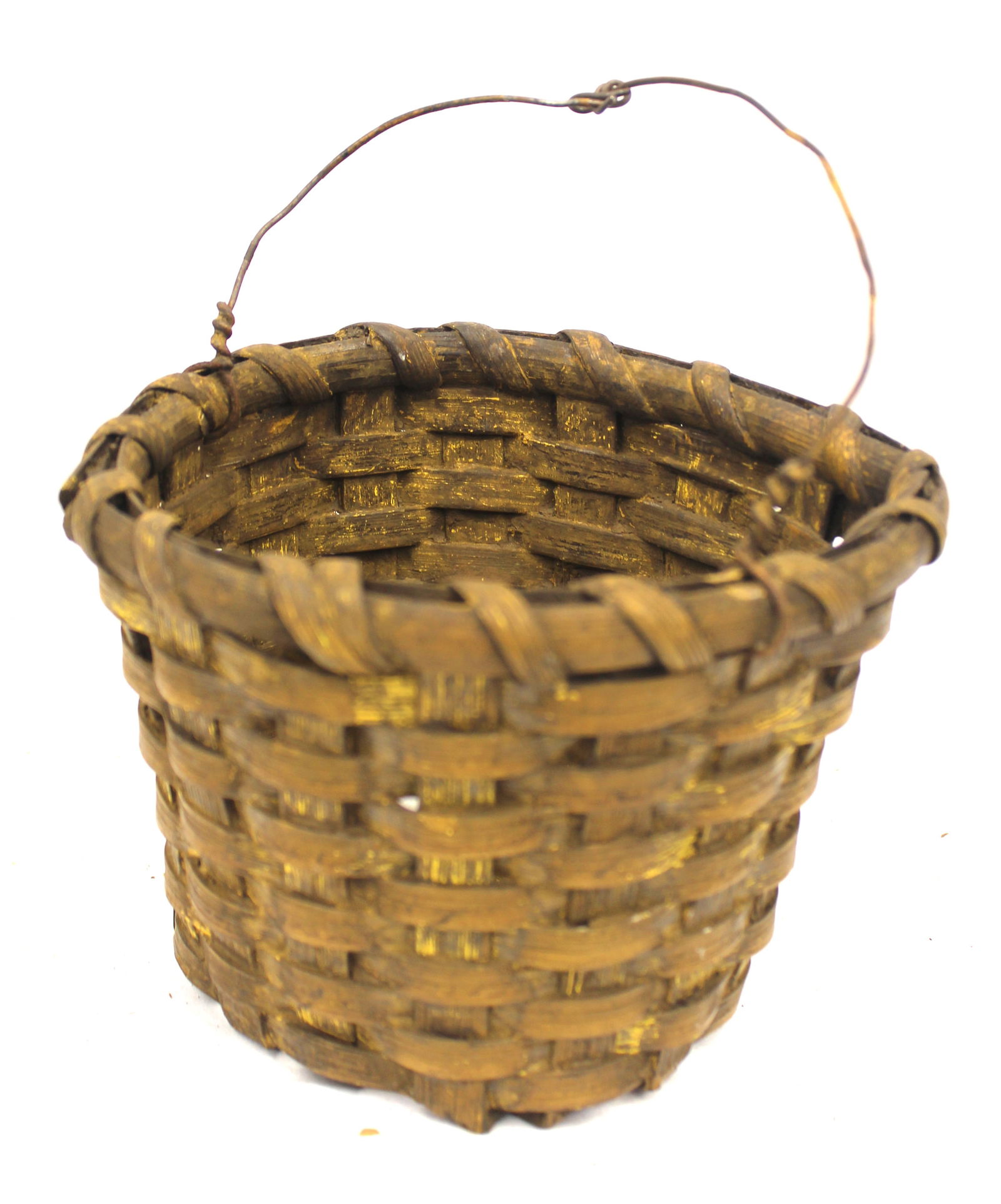 Antique berry basket w make-do wire handle in yellow paint - 4" tall x 6 1/2" diam (1 of 5)